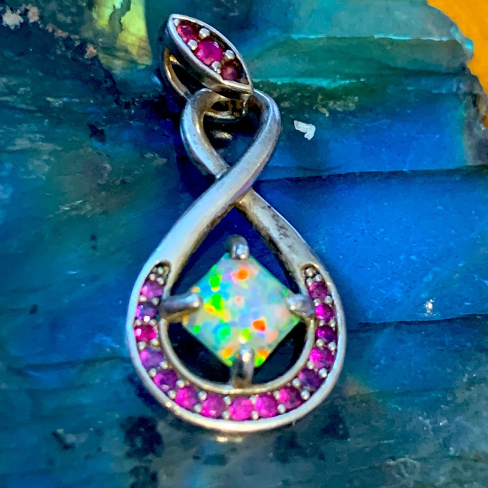 Sterling silver ruby and opal pendant no chain